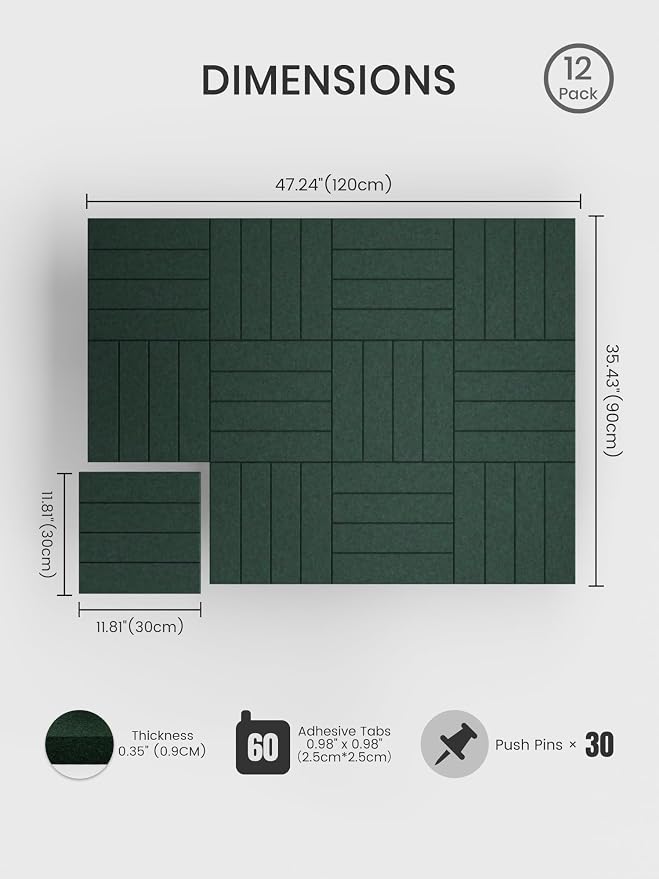 Bumusty 48"x 36" Large Felt Bulletin Board Tiles, Pine Green | 12-Pack Cork Board Alternative, Wall Decor, 30 Pushpins, 60 Adhesive Tabs, Vision Board, Office, Classroom, Home, Dorm - Image 2