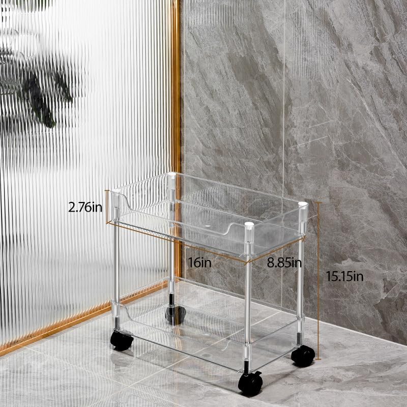 Betoveren 2 Tier Utility Rolling Cart Storage Organizer with Wheels Under Desk Mobile Bathroom Cart Organizer for Office Bathroom Home Kitchen Organization Transparent (Width 8.85 Inches) - Image 2
