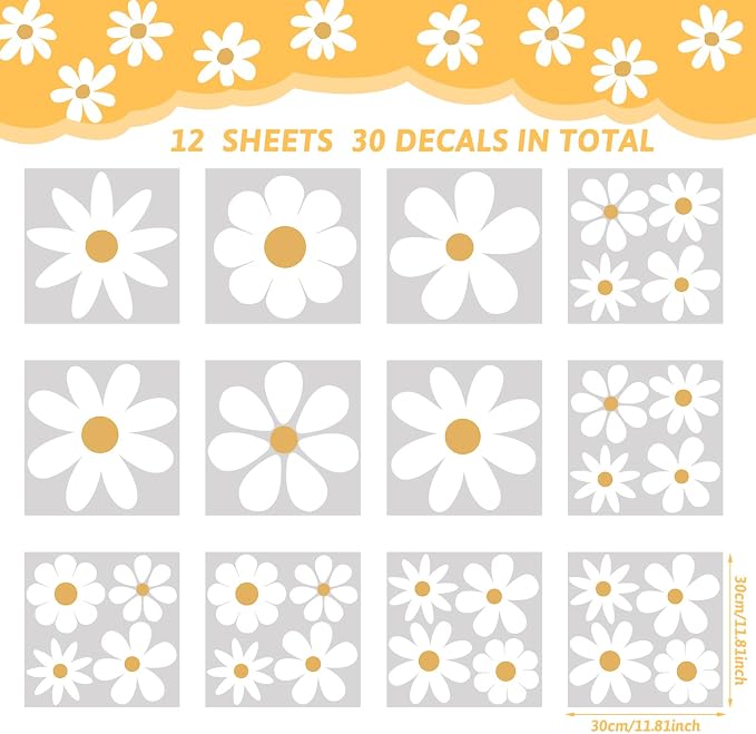 TaoBary 12 Sheet Daisy Wall Sticker Decal White Large Flower Wall Decals | Big Flower Wall Sticker, Floral Decal, Daisy Bedroom Room Decor, Removable Peel and Stick, Nursery Home Wall Decor - Image 2