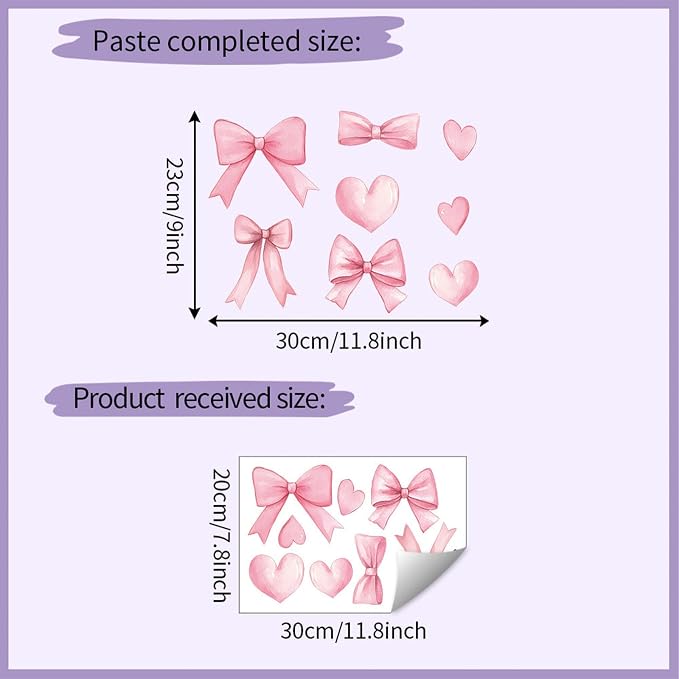 Arawat 48pcs Bowtie Wall Sticker and Decals for Bedroom and Bathroom Pink Bow Room and Wall Decor Heart Decoration Vinyl Peel and Stick Room Decor for Bedroom Bow Stickers - Image 8
