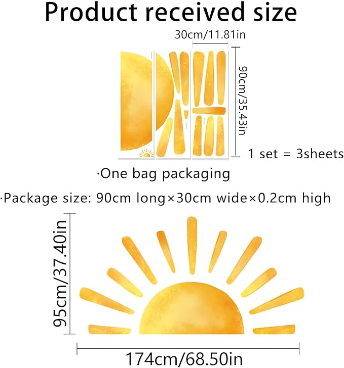 68.5" x 37.4" Large Sun Wall Stickers Yellow Sunshine Wall Decals | Sunrise DIY Removable Vinyl Peel and Stick for Baby Boys Girls Kids Room Nursery Bedroom Playroom Art Home Decor - Image 4