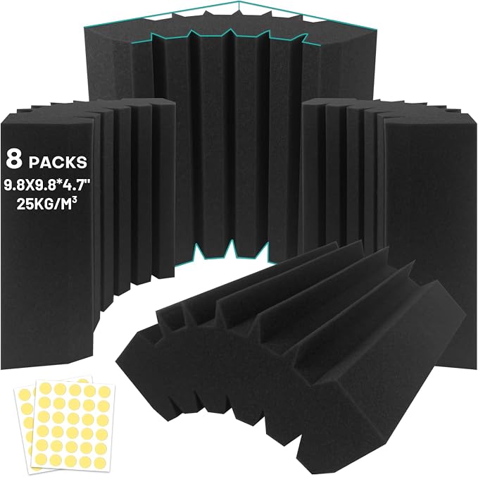 8 Pack - Bass Traps Acoustic Foam Corner, 9.8x9.8 * 4.7'' Black Bass Traps Corner Studio Foam, High Density and Fire-Proof Bass Traps Acoustic Panels Recording Studio Acoustical Treatments by Knightsacoustic