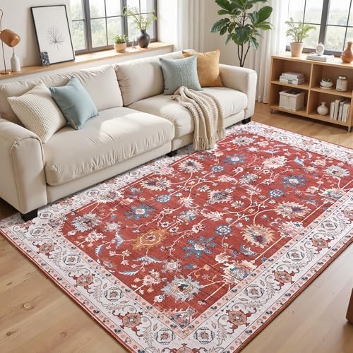 Hanples 4x6 Area Rugs for Living Room, Washable Rug Vintage Floral, Red by Hanples