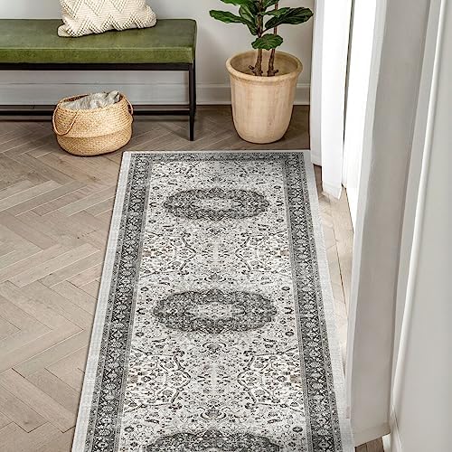 Hallway 2x6 Washable Runner Rug: Oriental Stain Resistant Kitchen Entryway Rugs Farmhouse Ultra Soft Bathroom Bedroom Print Floor Mat Thin Non Slip Indoor Carpet for Living Room Laudry (2 X 6, Grey) - Image 2