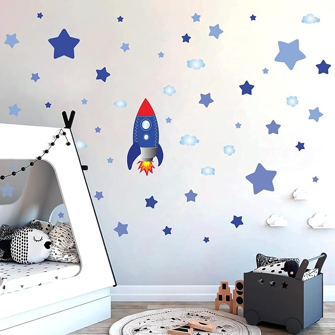 Large Rocket and Star Wall Decals, Outer Space Wall Stickers, Peel and Stick Removable Star Sticker, Art Decor for Kids Boys Bedroom Nursery Living Room,Playroom Classroom Decoration - Image 2