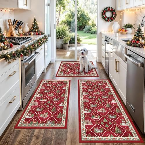 3-Piece Plaid Christmas Decorations Kitchen Rugs Set: Washable Non-Slip Kitchen Mat for Floor Soft Low Pile Modern Runner Rug for Sink Floor Mats ＆Indoor, Hallway, Entryway, (Red/Green) by BYYVOORugsforYourHome