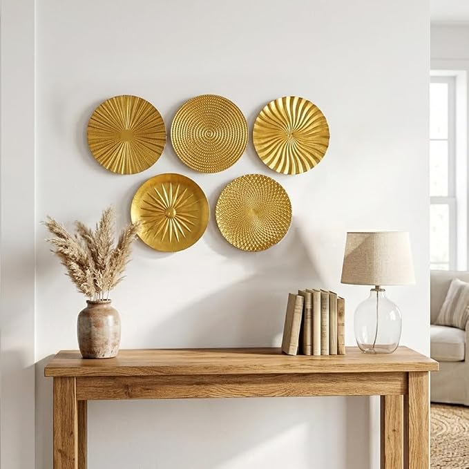 Briful 12" Gold Wall Décor Pack of 5 Metal Starbursts Radial Plate Wall Art Modern Accent Hanging Wall Decorations For Home Office Bedroom Or Living Room Sculptures - Image 4