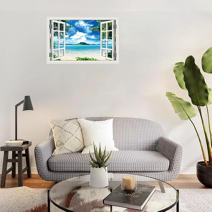 ‌Lmyhome Fake Window Wall Mural Blue Sky Ocean Beach (16"x24") | Peel and Stick Faux Window Wall Sticker Decal Poster for Bedroom Home Decor - Image 4
