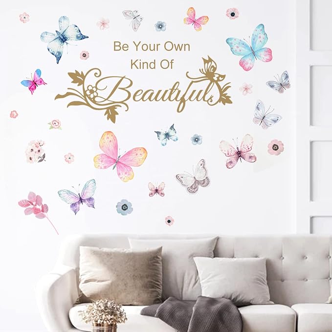 Colorful Butterflies Wall Sticker, Simplicity Butterfly English Words Wall Decal, Be Your Own Kind of Inspirational Quotes Wall Décor, DIY Flower Vinyl Art Mural for Girls Bedroom Nursery Living Room by X-xdaonl