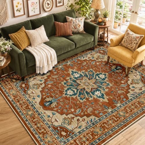 RELEANY Washable Area Rug, 6'x9', Red/Orange/Blue/Brown by RELEANY