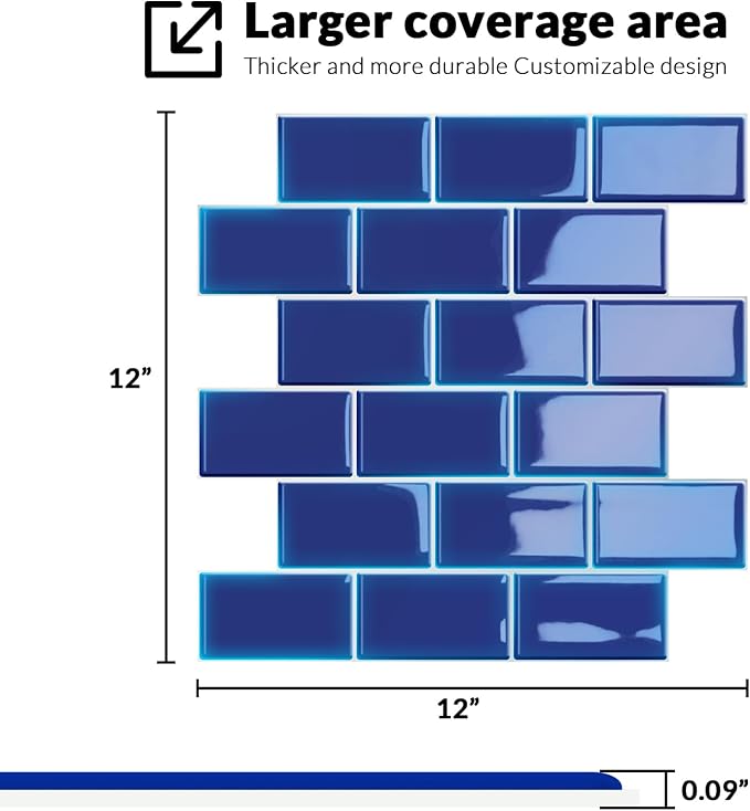 Joysticky 10-Sheet Peel and Stick Backsplash, 12" * 12" Laser Crystal Texture Stick on Tiles Backsplash for Kitchen & Bathroom，Thicker Design Peel and Stick Wall Tiles (Blue) - Image 4