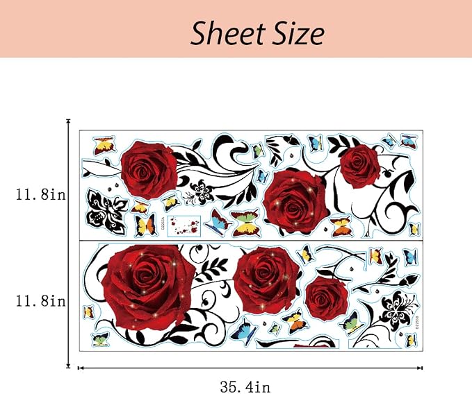 Supzone Red Rose Wall Stickers Rose Flower Vine Wall Decal Purple Peony Floral Wall Decor DIY Vinyl Mural Art for Bedroom Living Room Sofa Backdrop - Image 7
