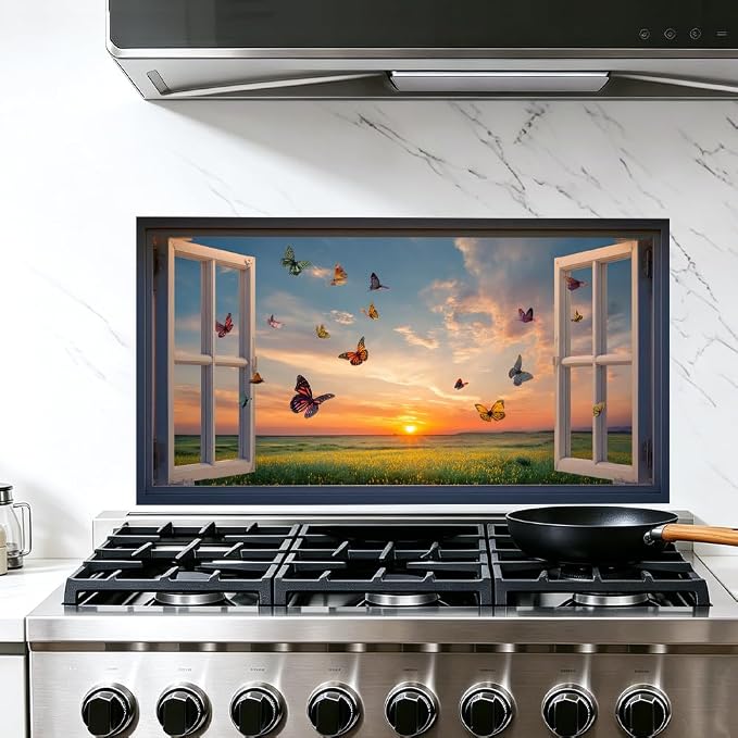 Butterfly Sunset Kitchen Backsplash Peel and Stick, 30x16 in | Colorful butterflies over golden sunset meadow through open window; flat 2D waterproof peel and stick; wipe clean; 30x16 in by JOYHAUE
