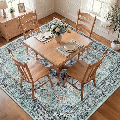 RELEANY Washable Area Rug, Square 7'x7', Teal Green/White/Navy by RELEANY