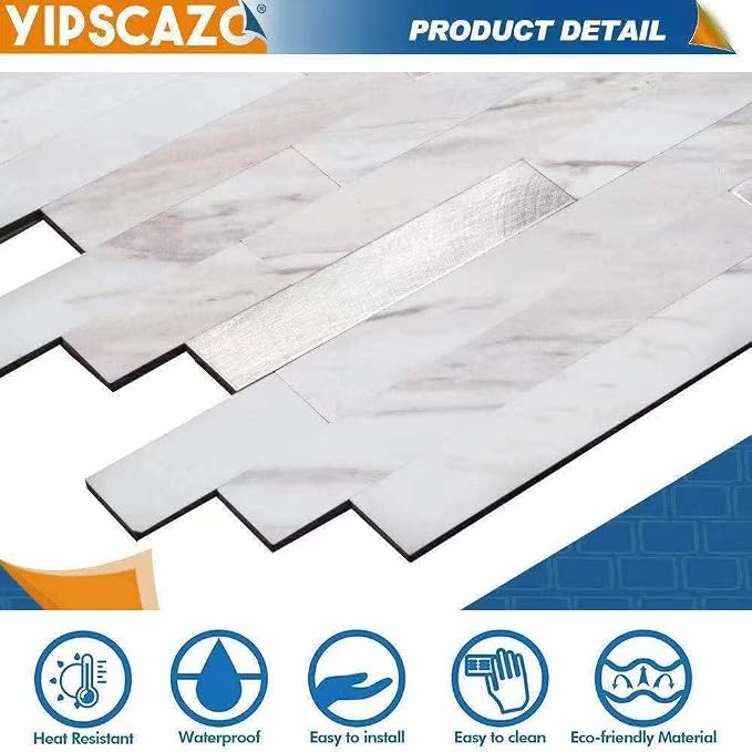 Yipscazo 5 Sheets Peel and Stick Stone Metal Tile Backsplash, Stick on Tiles for Backsplash Kitchen, Bathroom, Laundry Room, Camper, Fireplace (12'' X 12'', Bright Carla White) - Image 4