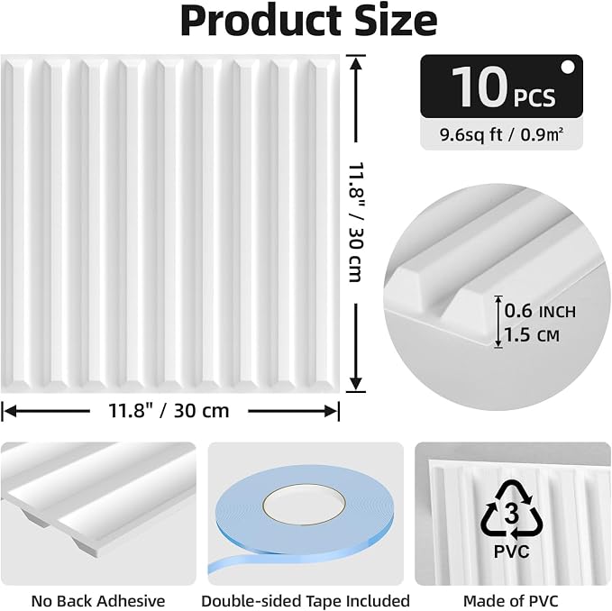 WADILE 10 Pack 3D Wall Panels Peel and Stick, 11.8"x11.8" Black PVC Decorative Wall Panels for Interior Wall Decor, Living Room, Bedroom, TV Background, Gaming Room, Home Wall Art, White - Image 2