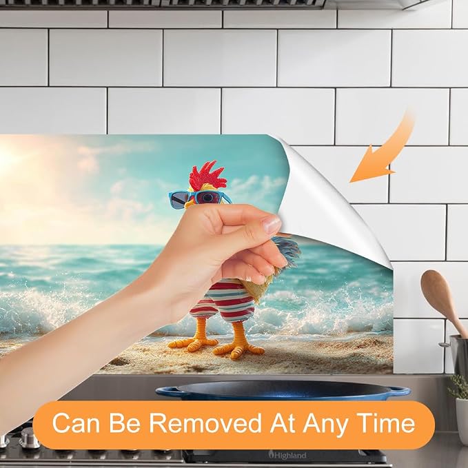 Funny Rooster Beach Kitchen Backsplash Peel and Stick, 30x16 in | Cartoon rooster in sunglasses and swim trunks on a sunny beach; flat 2D waterproof peel and stick; wipe clean; 30x16 in - Image 3