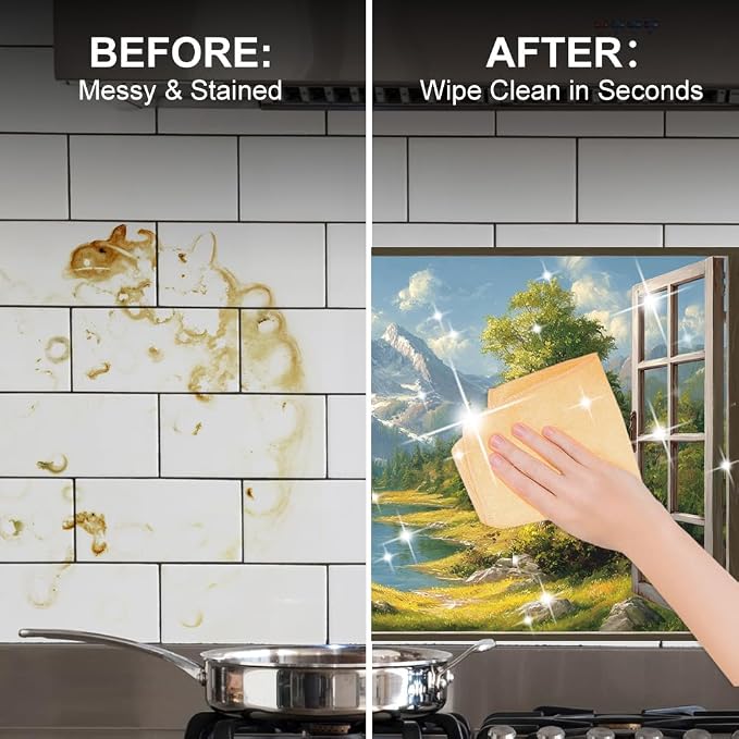 Alpine Mountain View Kitchen Backsplash Peel and Stick, 30x16 in | Oil-painting window view of snow peaks, alpine river and pine forest; flat 2D waterproof peel and stick; wipe clean; 30x16 in - Image 4