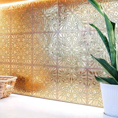 Main Street Peel and Stick Wallpaper Tiles, Gold & Green Leaves, 24-Pack - Image 4