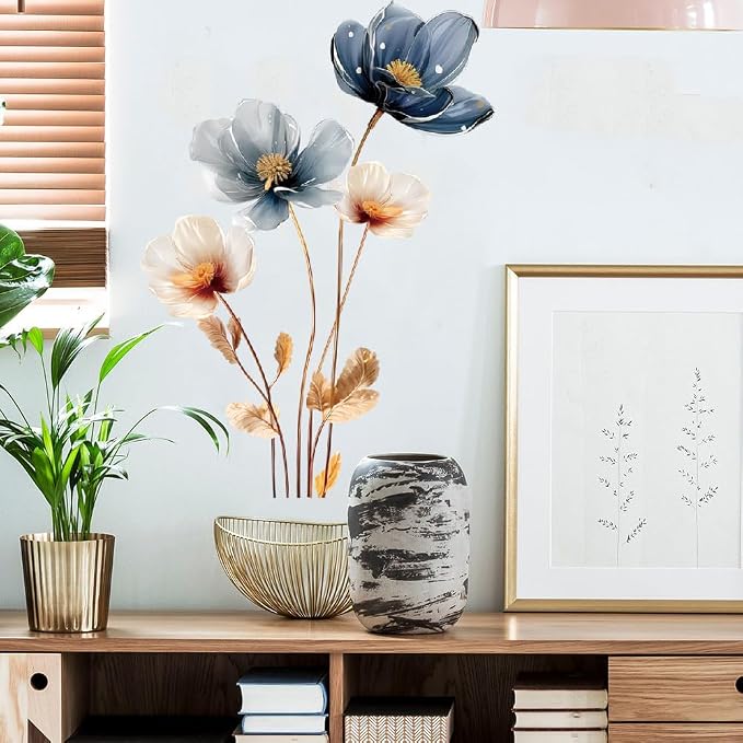 Gold Leaf Blue Flower Wall Decal PVC Wall Sticker Vintage Watercolor Floral Wall Art for Living Room Bedroom Home Decor - Image 8
