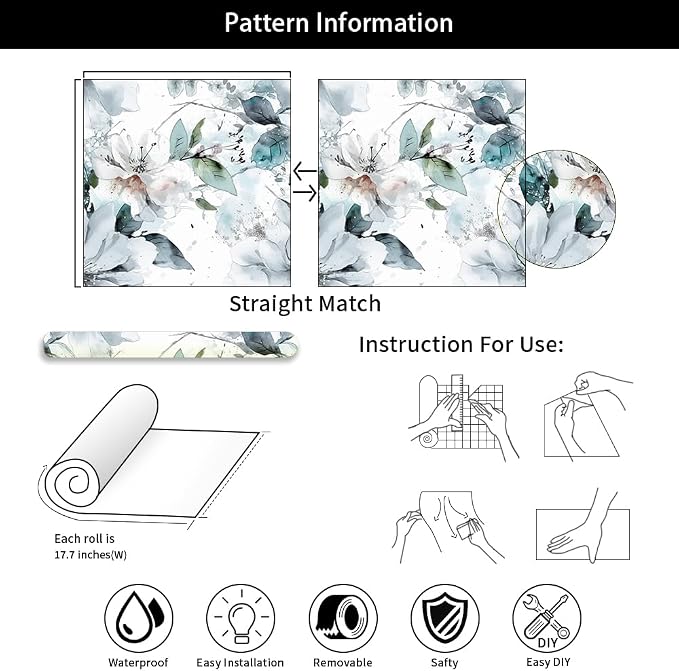 Ice Blue White Large Hyacinth Floral Green Leaf Peel and Stick Wallpaper Wall Decor Self Adhesive Wall Paper Stick on Easy Peel Off Contact for Renter Apartment - Image 7