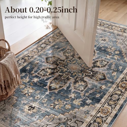 2x6 Washable Hallway Runner Rug - Non-Slip Backing Vintage Rugs Blue Gray - Image 7
