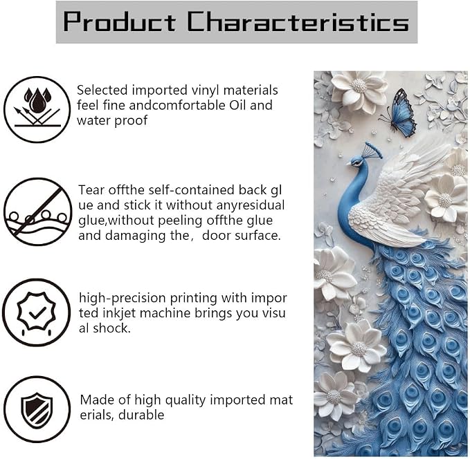 arricraft 2 Pcs Self-Adhesive Door Sticker, 31.5"x78.7" Peacock Pattern Animal Door Murals Stickers PVC Door Removable Wallpaper Decoration for Bedrooms ​Living Room - Image 3