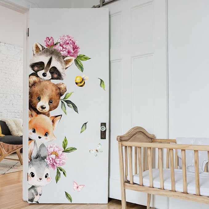 Woodland Animal Peeking Wall Decals, Removable Nursery Jungle Animals Butterflies, Flowers Wall Stickers for Kids, Boys and Girls Room, Bedroom & Toddler Room Door Decor (Animal Door Decals 61) - Image 6