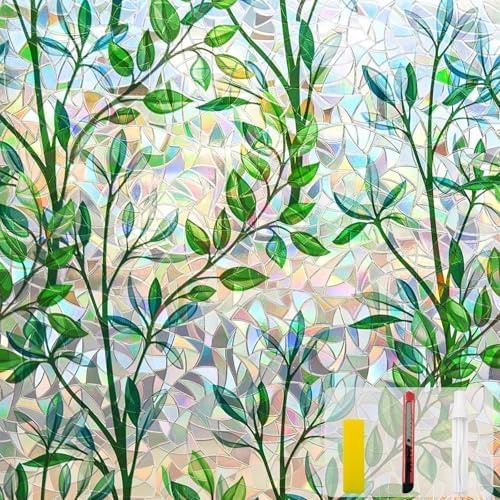 Window Privacy Film Stain Glass Window Film Rainbow Window Film Window clings Non-Adhesive Reusable Decorative for Room (Leaf Rainbow, 23.6 X 78.7 in) by QHYsunshine