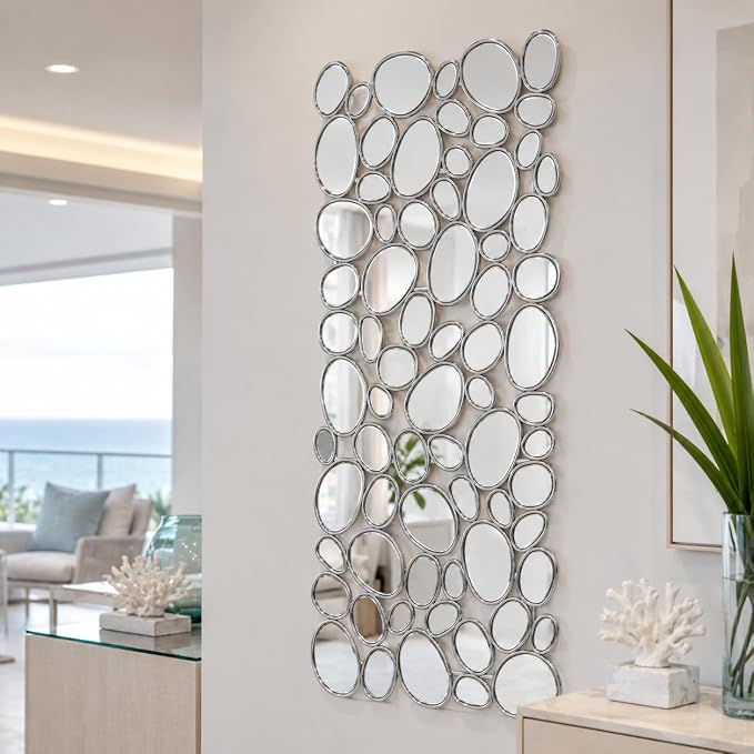Large Wall Mirrors Decorative - 27.5x55 Inch Silver Living Room Mirrors for Wall Decor, 71 Piece Multi-Size Pebble Design Metal Framed Accent Mirror for Entryway Living Room Home Decor - Image 5