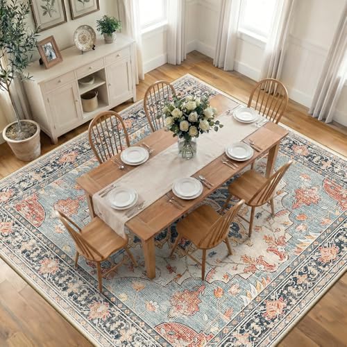 RELEANY Washable Area Rug, Square 10'x10', Beige/Blue/Orange by RELEANY