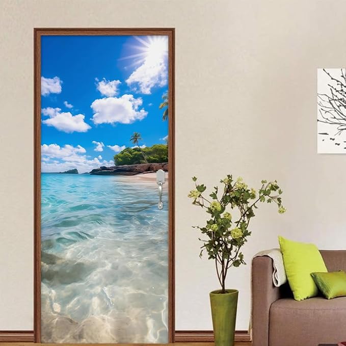 REDAMANCY Sunshine Island Beach Seashore Landscape Peel and Stick Door Stickers Vinyl 3D Door Mural Decals Decor Modern Door Wallpaper Self-Adhesive, Waterproof, Removable - Image 4