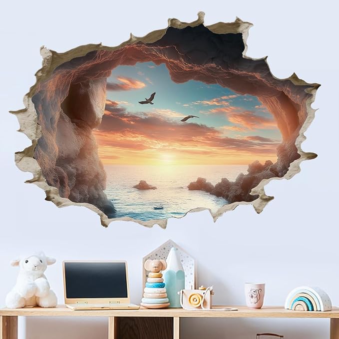 SUPERDANT 3D Ocean View Cave Wall Sticker Break Through Wall Decal Peel and Stick Seascape Large Size Vinyl Art Mural for Home Bedroom Living Room Bathroom Decoration Gifts by SUPERDANT
