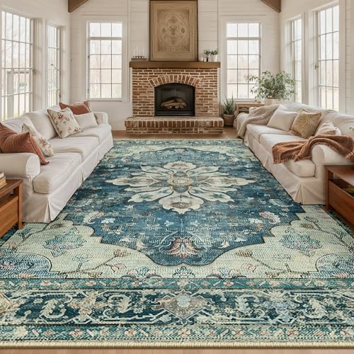 RELEANY Washable Area Rug, Large 10'x12', Blue/Vintage Dark Blue by RELEANY