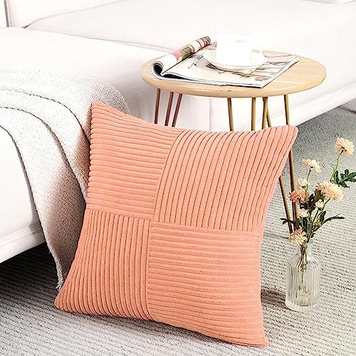 Fancy Homi 2 Packs Peach Samll Decorative Throw Pillow Covers 12x12 Inch with for Couch Bed Sofa, Rustic Farmhouse Boho Home Decor, Soft Corss Patchwork Corduroy Cute Square Cushion Case 30x30 cm - Image 2