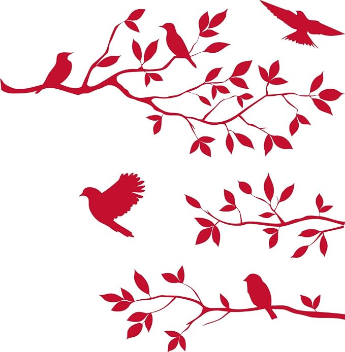 Picniva Red 15'' X 44'' Burnish Birds & Blossoms Vinyl Wall Decal Art Décor by Picniva
