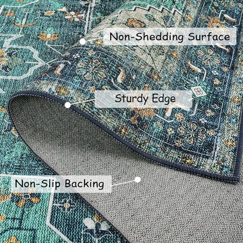Moynesa Ultra-Thin Washable 5ft Round Rug - Teal 5x5 Circle Rugs for Living Room, Vintage Dining Room Mat Stain Resistant Nursery Carpet for Bedroom Mudroom Kitchen Apartment Home Office - Image 6