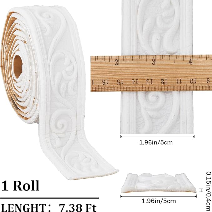 CRASPIRE 88 x 1.96in Crown Molding Peel and Stick Foam White Self Adhesive Flexible Trim 3D Sticky Vintage Decorative Wallpaper Border Wall Edging Baseboard Mirror Border Lines Hotel DIY Decor - Image 2