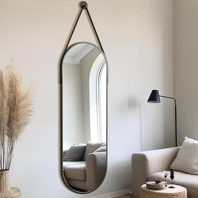 Dewfig 48"x16" Full Length Mirror, Oval Wall Mirror Leather Strap, Black - Image 2