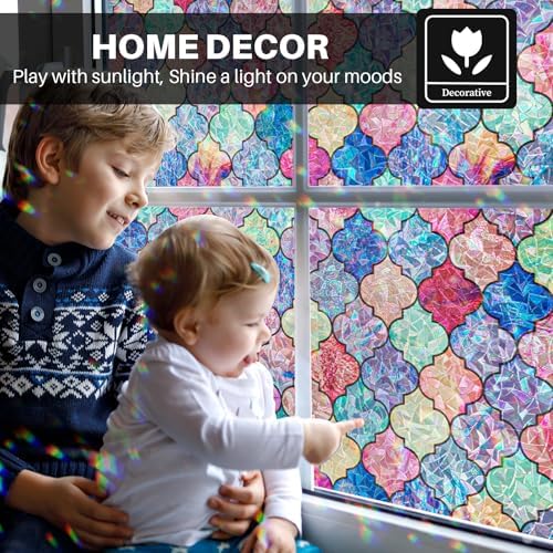 Stained Glass Window Film, Rainbow Decorative Window Privacy Film with No-Glue, Static Cling Glass Covering Window Tint Sticker for Home Decor & Heat Blocking, 17.3 x 157.4 Inches - Image 3