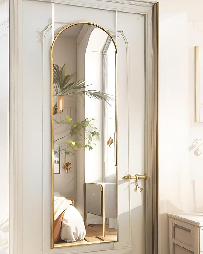 BEVERDY 14"x 48" Arched Vertical Wall Mirror, Gold Frame, Over The Door, Full Body, Hanging or Mounting, Modern Style by BEVERDY