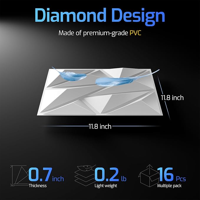 3D Wall Panels White 16 Pack (Covers 15.5 Sq.Ft), 12" x 12" Diamond Texture Premium PVC Wall Tiles for Interior Decor, Waterproof & Paintable Accent Paneling for Gaming Room, Living Room - Image 3