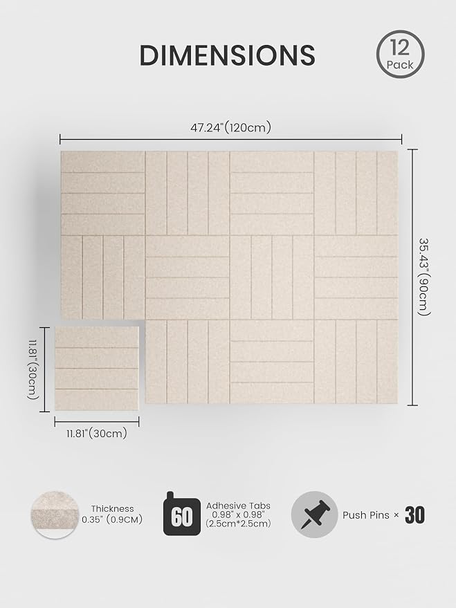 Bumusty 48"x 36" Large Felt Bulletin Board Tiles, Oatmeal | 12-Pack Cork Board Alternative, Wall Decor, 30 Pushpins, 60 Adhesive Tabs, Vision Board, Office, Classroom, Home, Dorm - Image 2