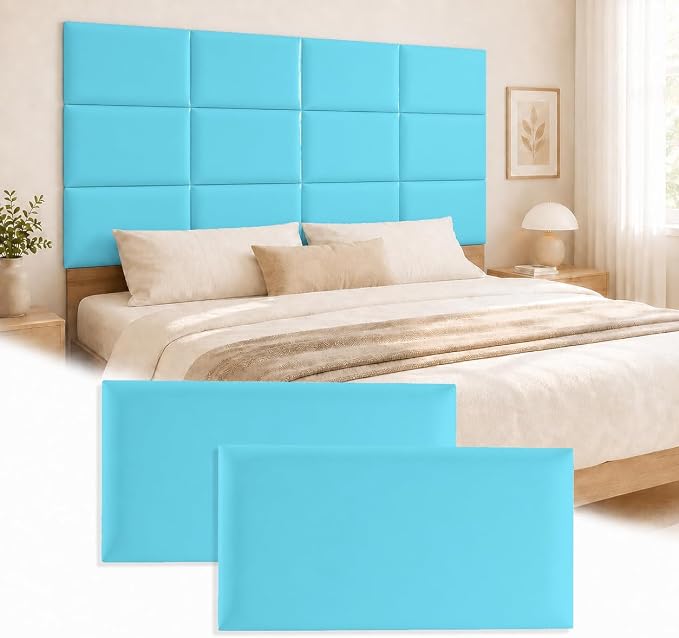 Anti Collision Wall Padding for Kids, Upholstered 3D Wall Panels | 4 Packs 7.8'' x 15.7'' Peel and Stick Headboard, Self Adhesive Wall Pads for Kids, Bedroom, Living Room, Blue by Umedol