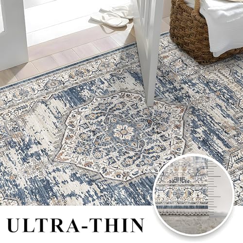 Washable Living Room Area Rug: 7x9 Bedroom Rugs - Farmhouse Distressed Printed Floral Carpet - Foldable Non-Shedding Floor Carpet for Dining Room 7'x9' Blue - Image 5