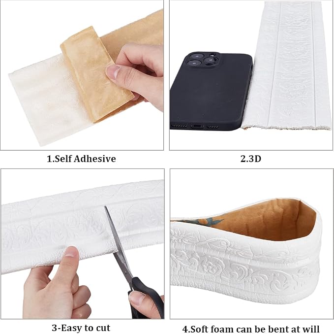 CRASPIRE 88 x 3.35 Inch White Crown Molding Peel and Stick Self Adhesive Flexible Foam Trim 3D Decorative Wallpaper Border Wall Edging Foam Baseboard Mirror Border Wall Lines Hotel DIY Decor - Image 6
