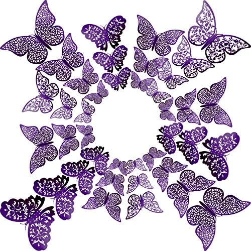 Bememo 72 Pcs 3D Butterfly Wall Decals, 3 Sizes,Purple | Metallic Hollow Design for Bedroom Living Room, Removable Adhesive Wall Decor, Easy Peel Stick Party Decoration Stickers - Image 3