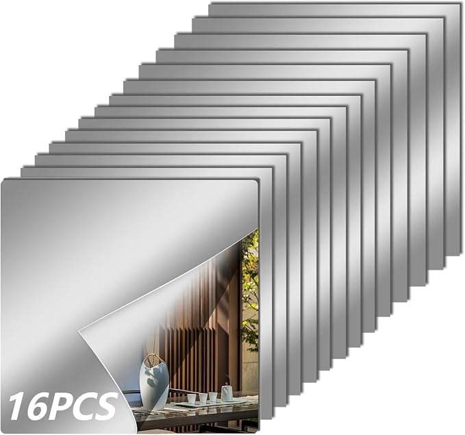 16 Pcs Flexible Mirror Reflective Stickers，Non Glass Safety Reflective Mirror, 12 x 12 in Self Adhesive Square Cuttable Acrylic Film Mirror for DIY Craft Home Wall Decoration by Unknown