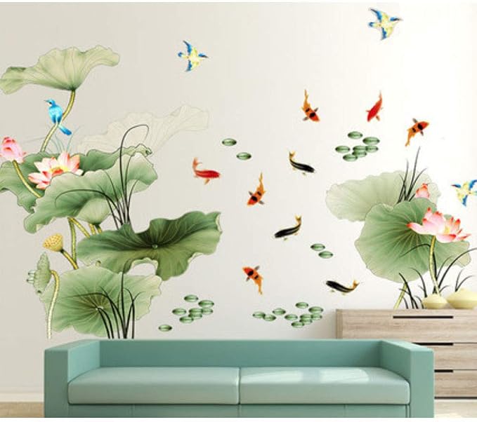 Lotus Flower Bird Fish Wall Decor Decal Sticker,Living Room PVC Mural Decorative Craft Wall Art Decoration Painting Large Removable Chinese Style by HomDSim