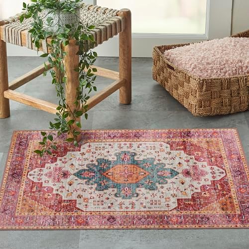 Moynesa Ultra-Thin Washable Runner Rug - Pink 2x4 Bedroom Bathroom Rug Runner Non-Slip Kitchen Rugs, Vintage Stain Resistance Low Pile Entryway Carpet Runner for Hallway Laundry Room - Image 3